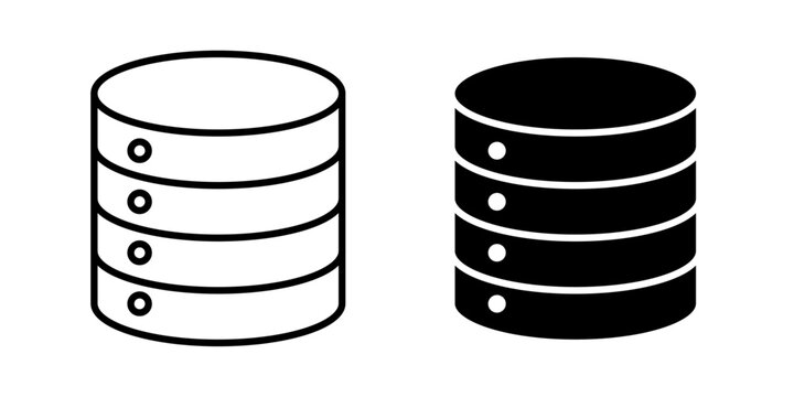 Storage database icon in outline and solid style, isolated on white background. Ideal for data management, server hosting, and information system features in mobile and web design.