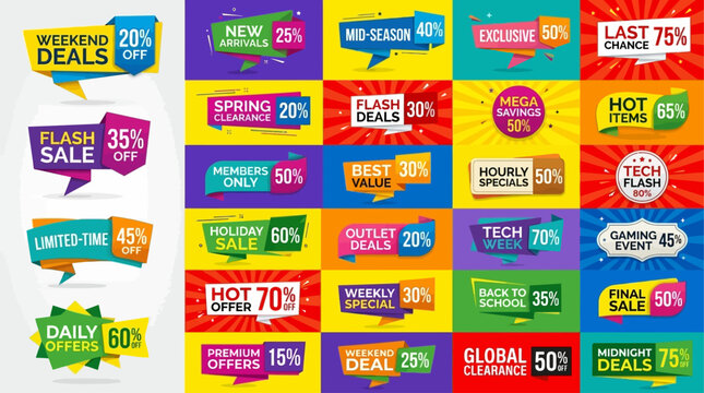 Collection of vibrant sale and discount banners with percentages and special offers, perfect for marketing and promotions