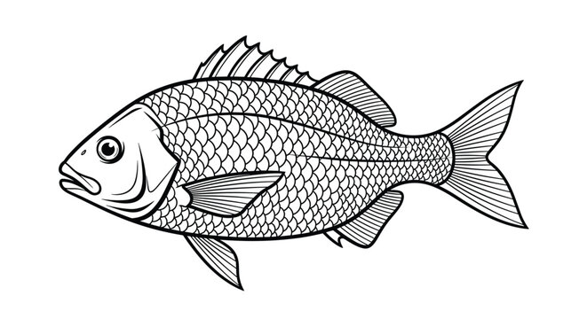 Detailed black and white line drawing of a sea bream fish features realistic scales and fin patterns for marine life illustration.