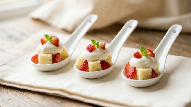 Mini strawberry shortcake dessert bites served in white ceramic spoons with sponge cubes, whipped cream, berries, mint garnish, linen cloth, and bright elegant tasting table setup for party catering