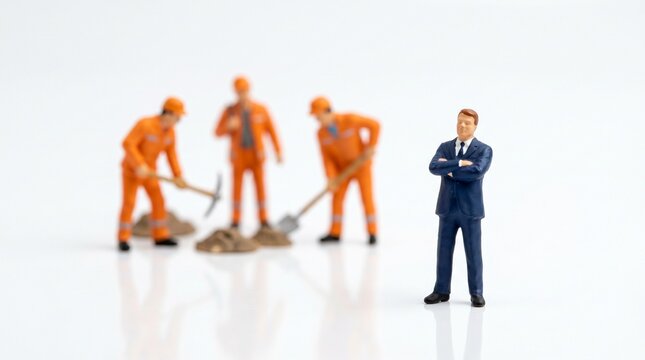 A miniature businessman in a blue suit stands confidently with crossed arms, observing three orange construction workers digging with shovels in the background, symbolizing leadership and pr