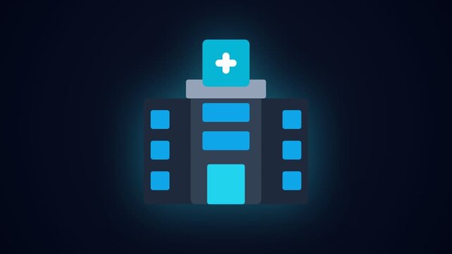 Modern healthcare building with glowing blue windows and a vibrant cross symbol on top representing medical services and emergency care
