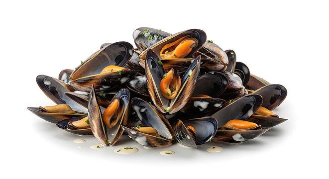 A large pile of fresh raw black mussels stacked together. mussels cream sauce