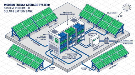 Modern energy storage system with integrated solar panels and battery bank for sustainable power generation. © Yahya