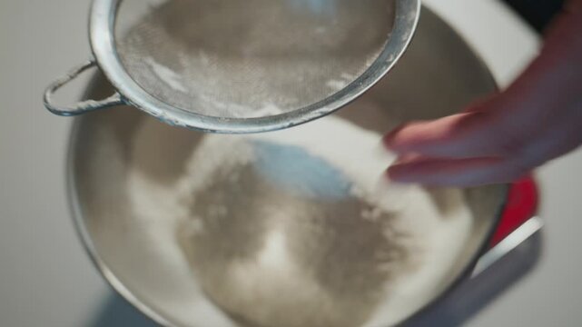 Hand sifts flour through fine mesh into metal bowl. Dusty powder falls softly, creating gentle cloud. Action shows careful preparation for baking. Ideal for recipes, cooking tutorials