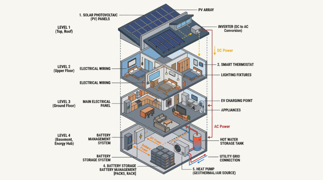 Isometric diagram illustrating a smart home energy system with solar panels, battery storage, and integrated electrical wiring for sustainable living.