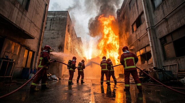 Firefighters in action, battling massive flames engulfing buildings in a city street, realistic dramatic scene, emergency response, heroic rescue operation