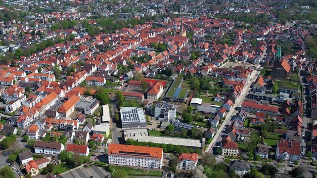 Aerial view around the old town of the city Lemgo, in Germany on a sunny spring noon.