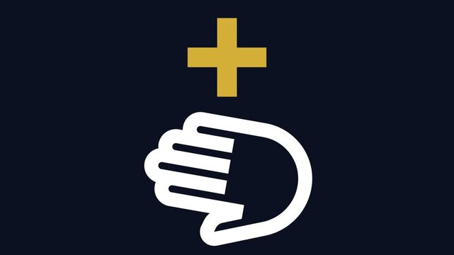 Graphic illustration of a healthcare concept showing a helping hand with a golden plus sign indicating care, support, and medical assistance services, symbolizing health and well-being