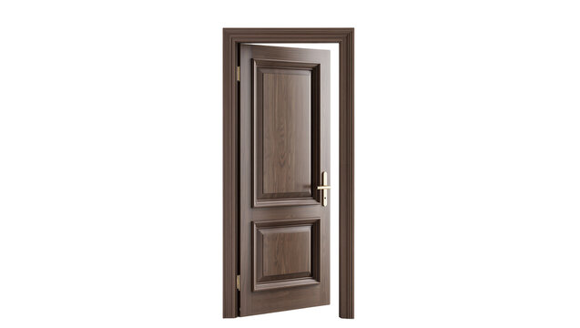 Dark brown wooden interior door with gold handle, slightly ajar