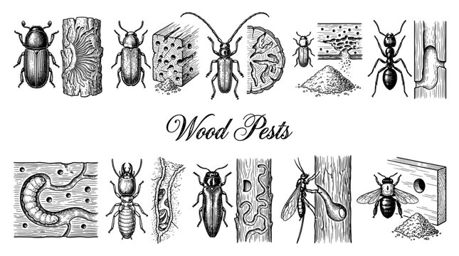 Vintage Woodcut Engraving of Wood Pests and Destructive Insects, Including Bark Beetle, Termite, Carpenter Bee and Ant Wood Damage Illustrations
