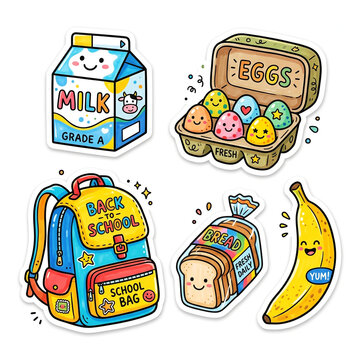 Back to School Doodle Sticker Set with Healthy Breakfast Food and School Bag