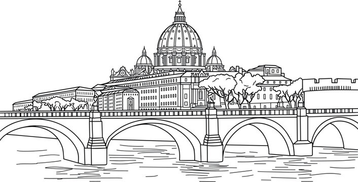 Saint Peters Basilica and Sant Angelo bridge in Rome Italy flat line art illustration classic European historic landmark vector drawing