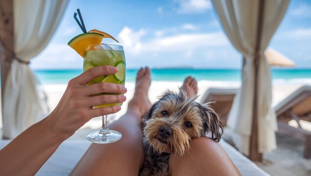 Person relaxing with small dog and cocktail on tropical beach POV