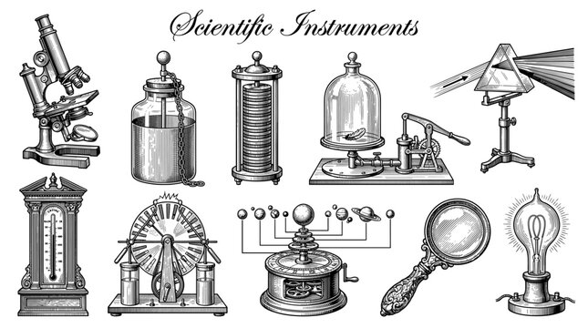 Vintage Scientific Instruments Collection - Antique Laboratory Equipment Engraving Style Vector