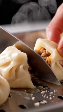 Step-by-step process of preparing and cooking traditional steamed dumplings with detailed filling and dough manipulation
