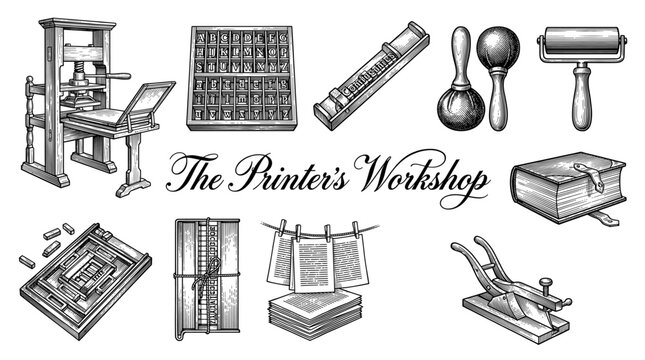 Vintage Printing Press Workshop Vector Illustration Set with Gutenberg Machine, Movable Type Alphabet, and Traditional Letterpress Tools in Engraved Style