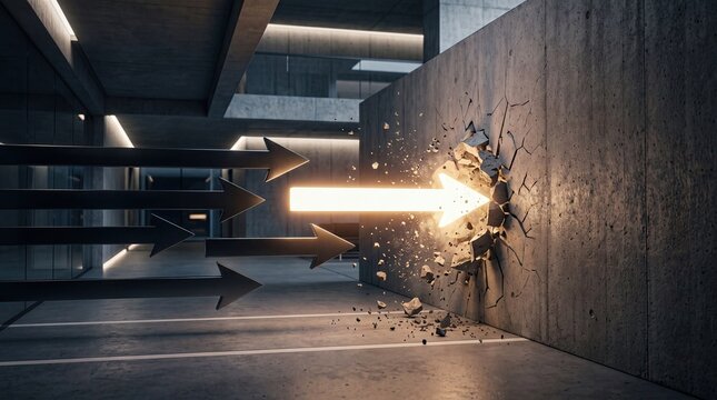 Breakthrough success concept with glowing arrow breaking barrier wall