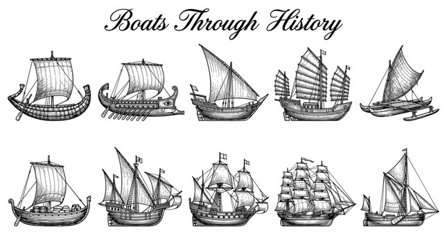 Vintage Collection of Historical Boats and Sailing Ships Vector Illustration Set Featuring Ancient Egyptian, Greek, and Medieval Vessels Through History
