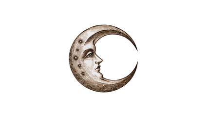 Crescent moon with human face and stars, vintage engraving style © Jonas