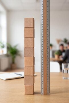 Measuring success concept with wooden blocks and ruler on clean background