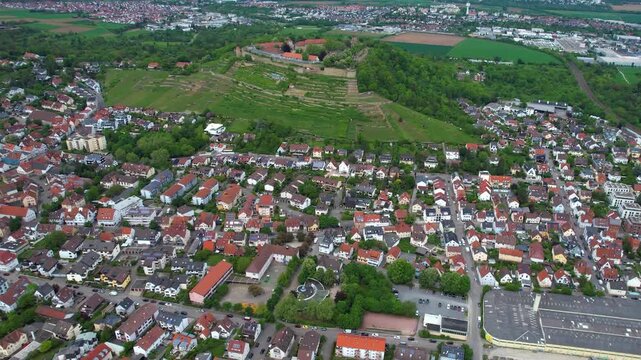 Aerial view around the old town of the city Asperg, in Germany on a sunny spring noon.