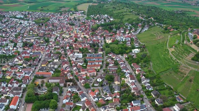 Aerial view around the old town of the city Asperg, in Germany on a sunny spring noon.
