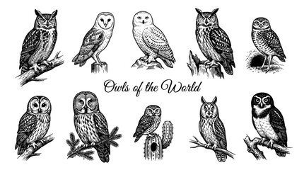 Obraz premium Owls of the World Vector Illustration Set: Vintage Hand-Drawn Engraving Style Collection of Various Owl Species Including Barn Owl, Snowy Owl, and Great Horned Owl
