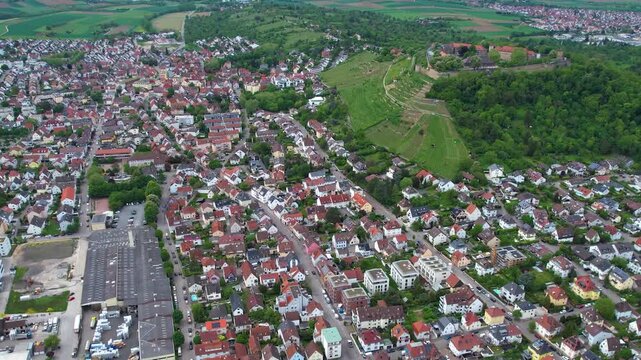 Aerial view around the old town of the city Asperg, in Germany on a sunny spring noon.