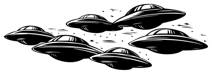 Fleet of UFO flying saucers in deep space vector illustration, alien spacecraft invasion for science fiction and extraterrestrial mystery design © Luka