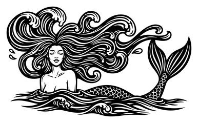 Fototapeta premium Beautiful mermaid with long flowing hair in ocean waves vector illustration, mythical sea creature siren silhouette for fantasy design