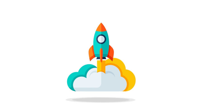 Cartoon rocket launching into space with colorful clouds.