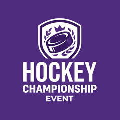Obraz premium Elegant Hockey Championship Event Emblem Showing Puck and Laurel Wreath on Purple Background