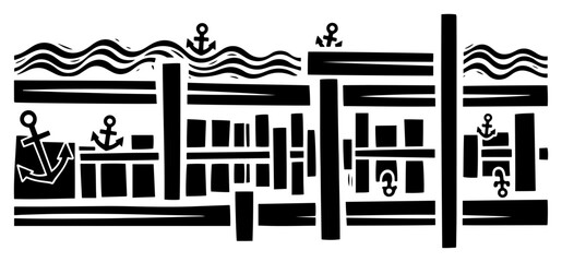 Abstract nautical harbor pattern with anchors and waves vector, stylized maritime pier and sea elements for coastal decor design © Luka