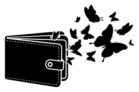 Butterflies flying out of empty wallet vector illustration, financial freedom or poverty metaphor for money and economy concept