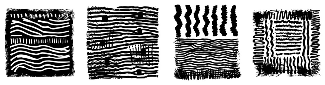 Set of hand drawn textured squares with organic patterns vector, grunge linocut style elements for artistic background design