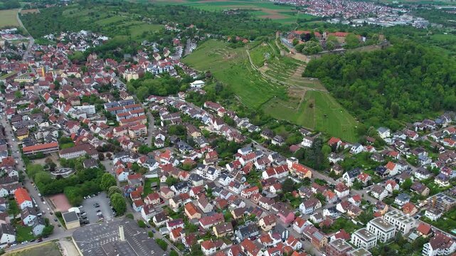 Aerial view around the old town of the city Asperg, in Germany on a sunny spring noon.