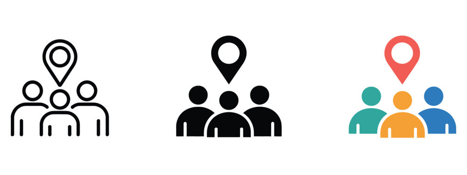 Social participation icons featuring abstract human figures and community engagement symbols for civic involvement, collaboration, and local interaction concepts.