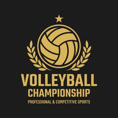 Naklejka premium Elegant Volleyball Emblem for Championship: Professional Sports Design with Gold Accents on Black