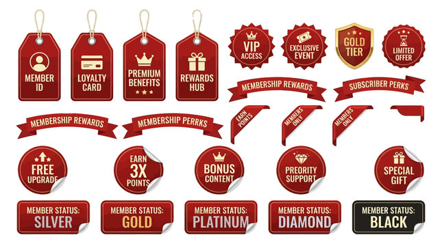 Collection of premium membership badges, reward tags, and special offer stickers for loyalty programs and exclusive benefits