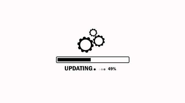 Updating bar with gear icon animation on a white background. Digital progress bar monitors operating system update status. Update process with spinning settings gear symbol with alpha channel