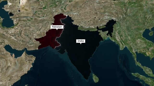 Geopolitical satellite map visualization of the border between India and Pakistan emphasizing the South Asian subcontinent for global news