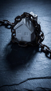 Mortgage debt concept: metal chain wrapped around white house model dark surface