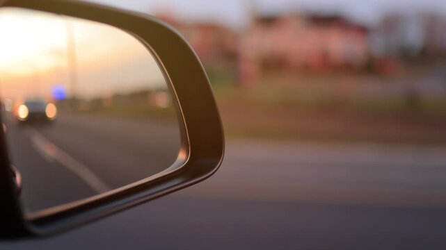 The sun is reflected in the mirror, evening road. View in the side rear view mirror of a red car driving along the highway