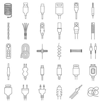 Set of minimalist usb and power plug icons in flat design style