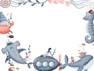 Frame of  submarine, crab, whales, shells and sea ​​horse. Watercolor illustration animal in nautical children's style, hand-drawn templates, sketch sea isolated background for design cards holiday © Evgeniia