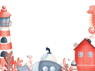 Frame of sea houses, sea ​​horse, submarine, shells and a lighthouse. Watercolor illustration animal in nautical children's style, hand-drawn templates, sketch sea isolated background for design cards © Evgeniia