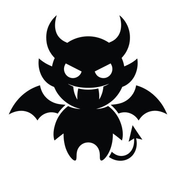 Black devil cartoon character with horns and wings and tail icon