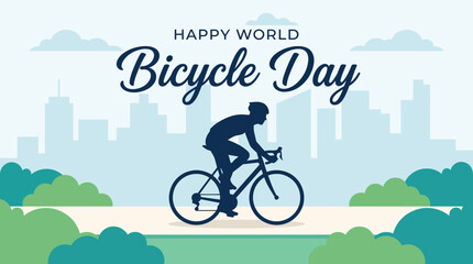 Happy world bicycle day greeting card with a person riding bike outdoors vector illustration © Monjurul