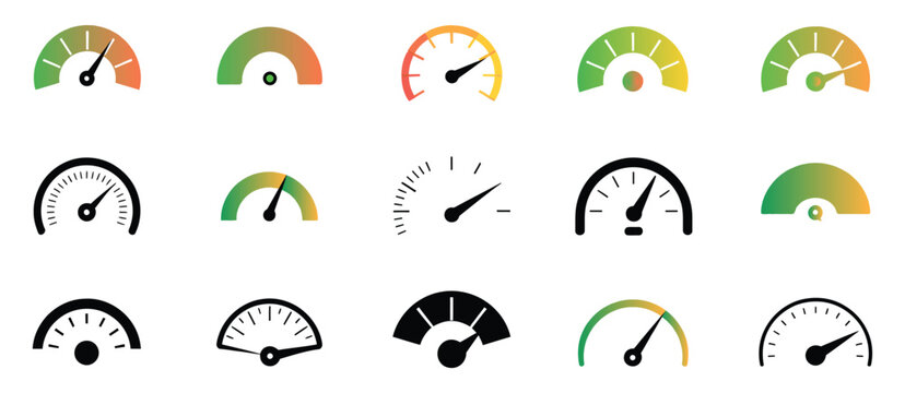 Speedometer icon set featuring speed indicator gauges, tachometer dashboards, and performance measurement scales for analytics and control systems.